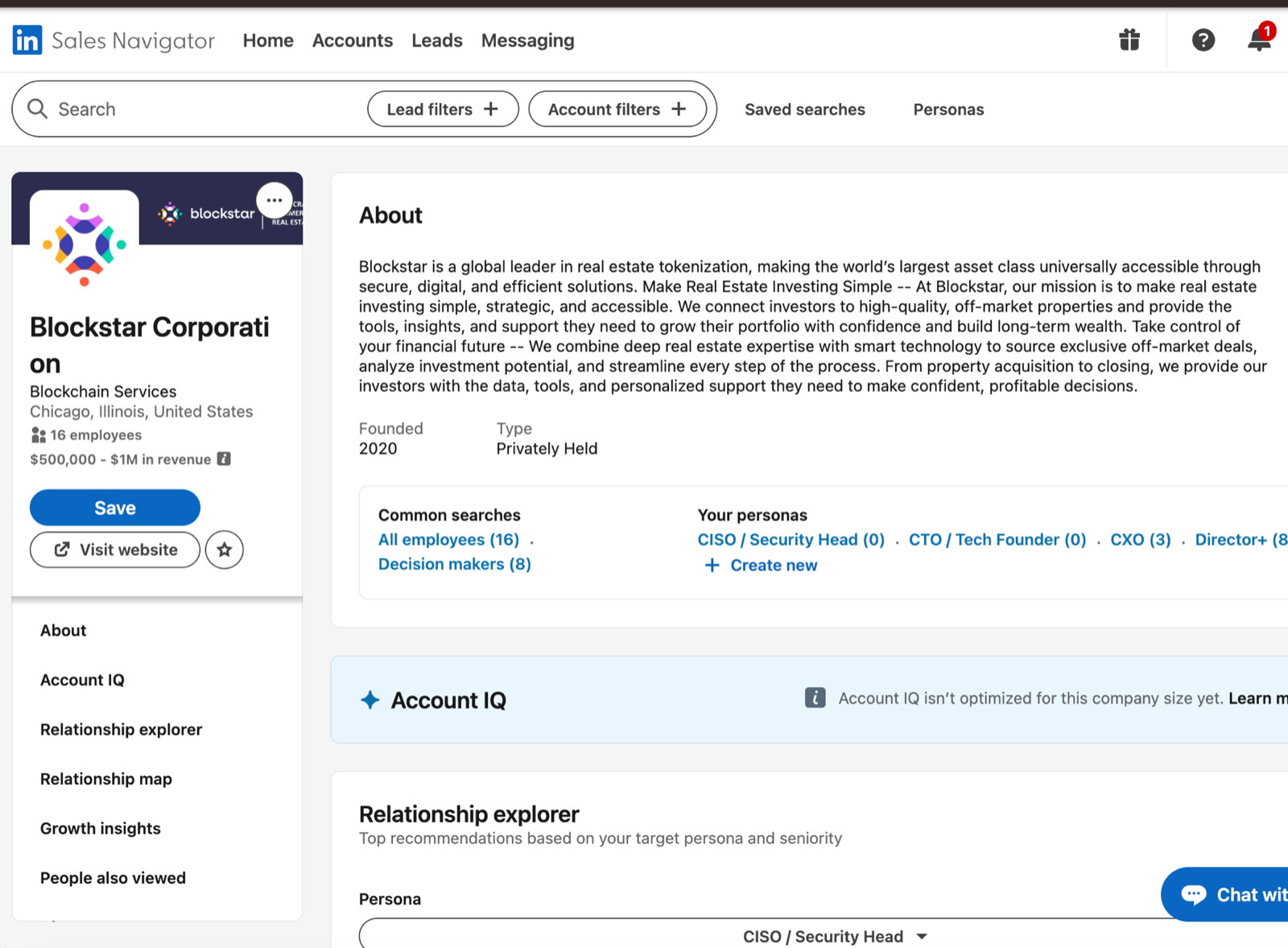 LinkedIn Sales Navigator About panel for Blockstar Corporation (Chicago, IL).