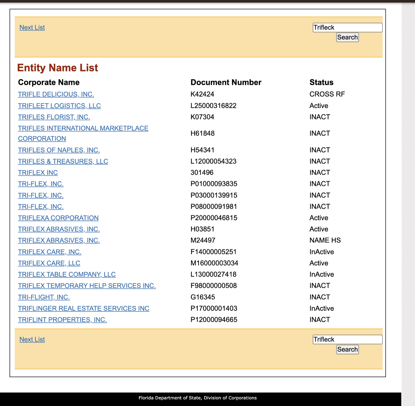 Florida Sunbiz Entity Name search for Trifleck returning no matching results.