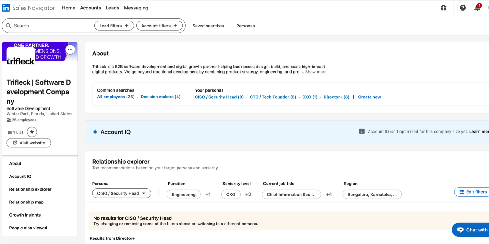 LinkedIn Sales Navigator About panel for Trifleck showing the function breakdown.